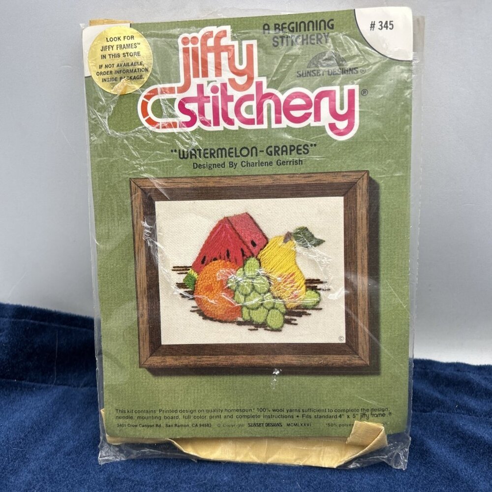Jiffy Stitchery Crewel Embroidery Kit Watermelon Grapes #345 Unframed 4"x5" Done